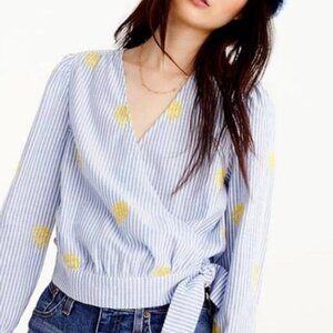 J Crew Womens Blue & White Striped Wrap Embroidered Pineapple Top Bluse Sz XLT